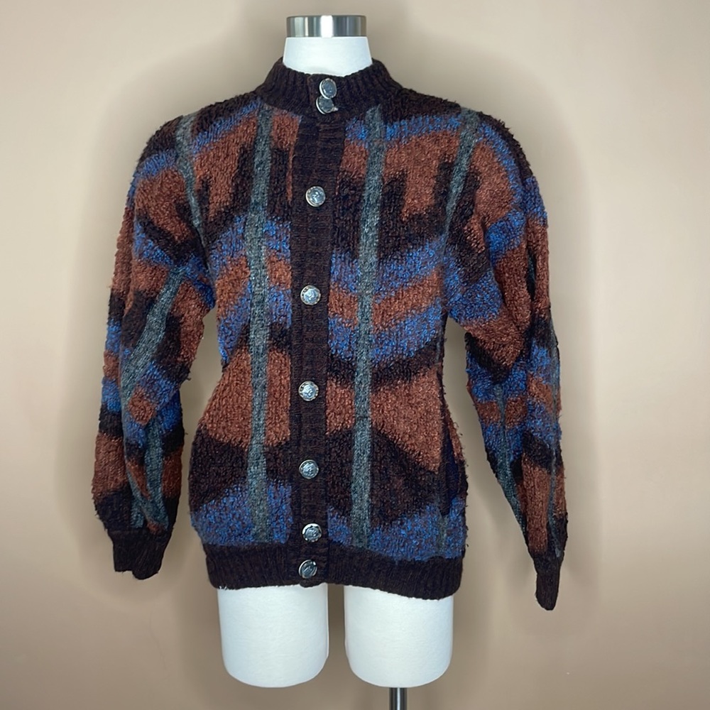 Las Squadra Monte Carlo Cardigan Wolf Buttons Blue Brown Zig Zag Sweater